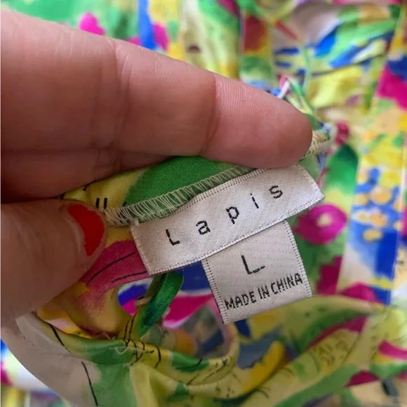 Silk abstract tank top Lapis ruffled detail multi colored size Large - Picture 8 of 8